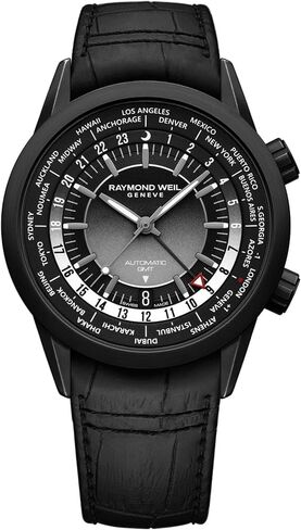 RAYMOND WEIL Freelancer GMT Worldtimer Men's Watch, 24 Cities and Time Zones, Black Dial, Indexes, Stainless Steel Case, Black Leather Strap, 41mm (Model: 2765-BKC-20001) in Saudi Arabia