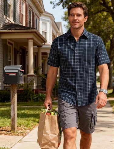 JEMITOP Mens Lightweight Slim Fit Short Sleeve Button Down Shirt Business Casual Plaid Dress Shirts with Pocket in Saudi Arabia
