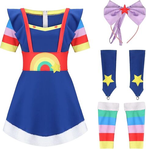 Womens Blue Dress Brite Costume Outfit Crown Hairband Oversleeve Leg Warmer Full Set Halloween Cosplay Party Suit in Kuwait