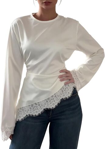 GORGLITTER Women's Satin Cinched Waist Top Lace Trim Long Sleeve Blouses Dressy Casual Ruched Asymmetrical T Shirt Tops in Kuwait