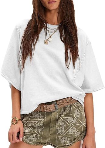 Women's Oversized Cotton T Shirt Loose Fit Casual Short Sleeve Summer Top 2026 Vintage Washed Basic Tees(White,M) in Saudi Arabia