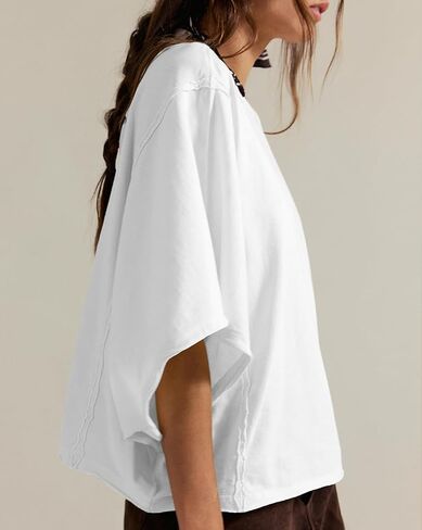 Women's Oversized Cotton T Shirt Loose Fit Casual Short Sleeve Summer Top 2026 Vintage Washed Basic Tees(White,M) in Saudi Arabia