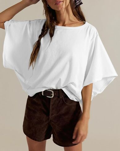 Women's Oversized Cotton T Shirt Loose Fit Casual Short Sleeve Summer Top 2026 Vintage Washed Basic Tees(White,M) in Saudi Arabia