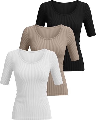 Ficerd 3 Pack Women's Half Sleeve Tops Ribbed Elbow Length Shirts Scoop Neck Slim Fit Summer Basic Tee Trendy Casual Blouses(Black, Dark Khaki, White,Medium) in Kuwait