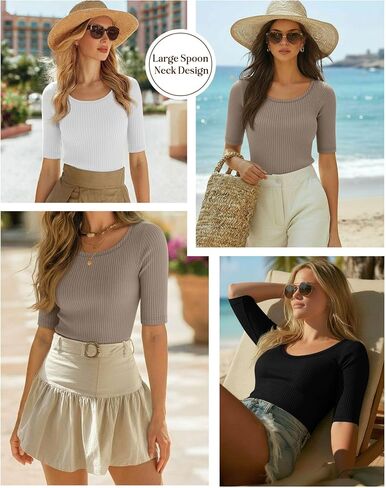 Ficerd 3 Pack Women's Half Sleeve Tops Ribbed Elbow Length Shirts Scoop Neck Slim Fit Summer Basic Tee Trendy Casual Blouses(Black, Dark Khaki, White,Medium) in Kuwait
