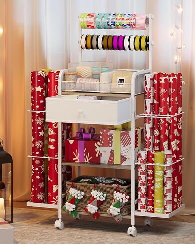 Rolling Craft Storage Cart with Lockable Wheels, DIY Organizer for Wrapping Paper, Paints, Brushes, Tools, and Craft Supplies, Multi-Tier Craft Cart with Tape Holder, Drawers, and Mesh Baskets in Saudi Arabia