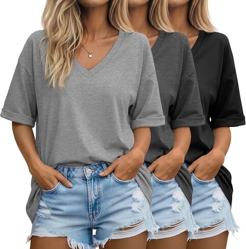 Huukeay 3 Pack Women's Oversized Cotton T-Shirts V Neck Loose Fit Summer Tees Ladies Casual Workout Half Sleeve Tops in Kuwait