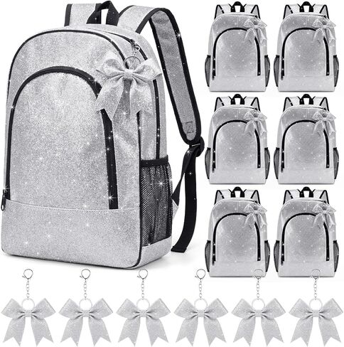 Patelai 6 Pack Cheer Backpack with Bow Keychain Cheerleading Glitter Large Capacity Bags for Cheerleaders Cheerleading Gift (Silver) in Kuwait