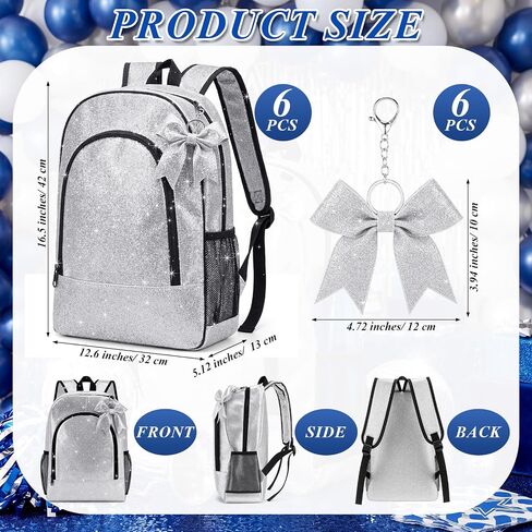 Patelai 6 Pack Cheer Backpack with Bow Keychain Cheerleading Glitter Large Capacity Bags for Cheerleaders Cheerleading Gift (Silver) in Kuwait
