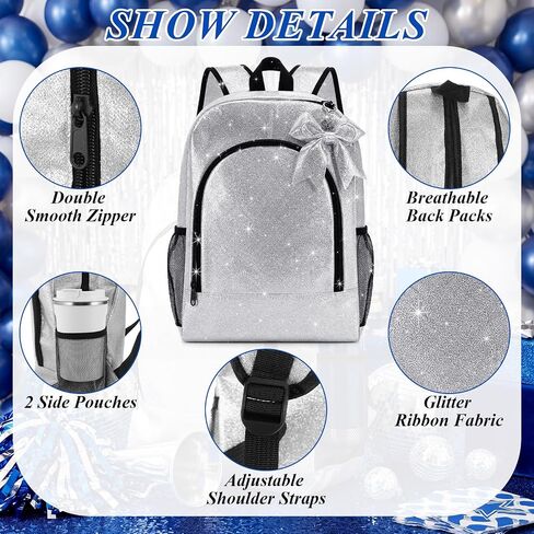 Patelai 6 Pack Cheer Backpack with Bow Keychain Cheerleading Glitter Large Capacity Bags for Cheerleaders Cheerleading Gift (Silver) in Kuwait