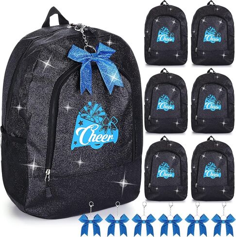 Patelai 6 Pack Cheer Backpack with Bow Keychain Cheerleading Glitter Large Capacity Bags for Cheerleaders Cheerleading Gift (Silver) in Kuwait