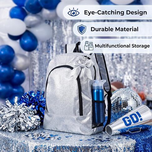 Patelai 6 Pack Cheer Backpack with Bow Keychain Cheerleading Glitter Large Capacity Bags for Cheerleaders Cheerleading Gift (Silver) in Kuwait