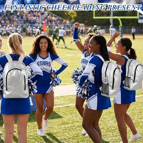 Patelai 6 Pack Cheer Backpack with Bow Keychain Cheerleading Glitter Large Capacity Bags for Cheerleaders Cheerleading Gift (Silver) in Kuwait