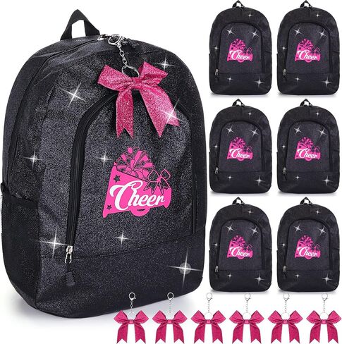 Patelai 6 Pack Cheer Backpack with Bow Keychain Cheerleading Glitter Large Capacity Bags for Cheerleaders Cheerleading Gift (Silver) in Kuwait