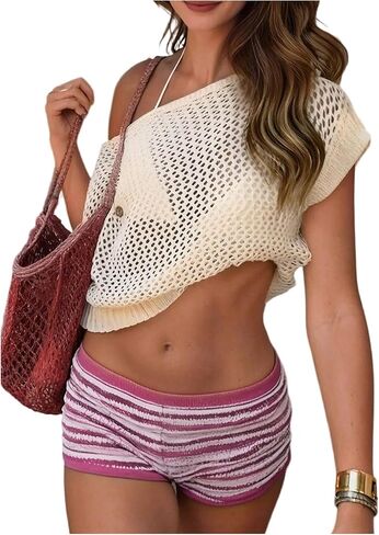 SHENHE Women's Crochet Crop Top Swimsuit Coverups Off The Shoulder Short Sleeve Beach Cover Up in Kuwait