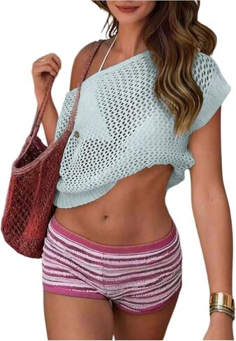 SHENHE Women's Crochet Crop Top Swimsuit Coverups Off The Shoulder Short Sleeve Beach Cover Up in Kuwait