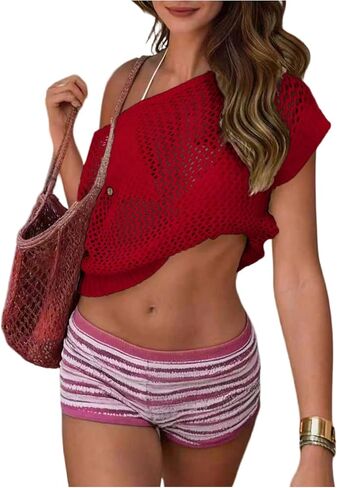 SHENHE Women's Crochet Crop Top Swimsuit Coverups Off The Shoulder Short Sleeve Beach Cover Up in Kuwait