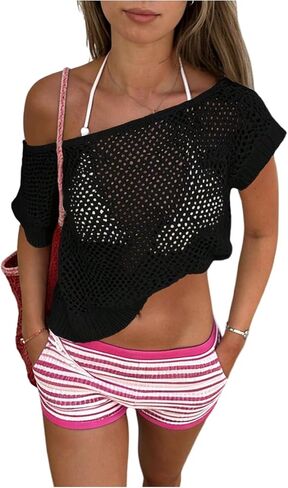 SHENHE Women's Crochet Crop Top Swimsuit Coverups Off The Shoulder Short Sleeve Beach Cover Up in Kuwait