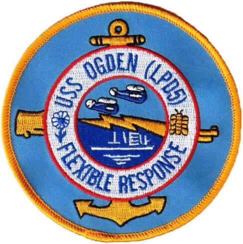 USS Ogden LPD-5 Ship Patch – Austin-Class Heritage Insignia – 4" Circular Sew-On Emblem with Plastic Backing – US Navy Decommissioned Amphibious Transport Dock Patch in Kuwait