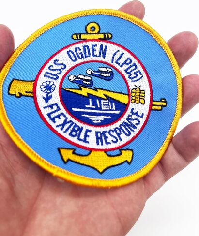 USS Ogden LPD-5 Ship Patch – Austin-Class Heritage Insignia – 4" Circular Sew-On Emblem with Plastic Backing – US Navy Decommissioned Amphibious Transport Dock Patch in Kuwait