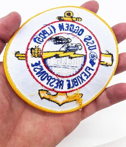 USS Ogden LPD-5 Ship Patch – Austin-Class Heritage Insignia – 4" Circular Sew-On Emblem with Plastic Backing – US Navy Decommissioned Amphibious Transport Dock Patch in Kuwait