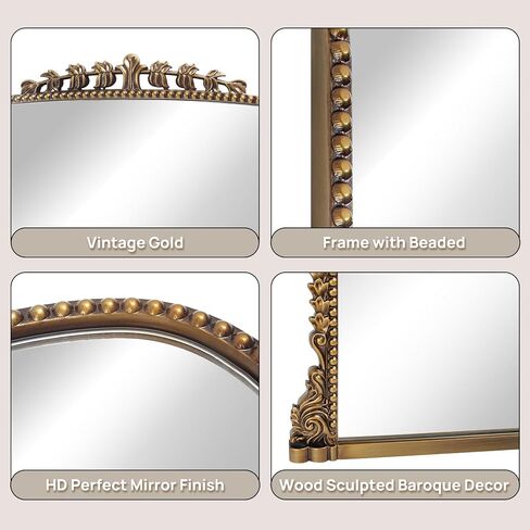 Vintage Baroque Arched Mirror - Traditional Ornate Antique Brass Wood Frame - 36"X23" - Ideal for Entryway, Fireplace, Living Room, Hallway, Bathroom in Kuwait