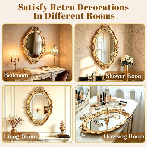 YUSONG Vintage Oval Wall Mirror,14.5 x 10 Inches,Small Antique Decorative Mirror with Plastic Frame,Hanging Vintage Style Mirror for Living Room,Bedroom,Dresser. (Gold) in Saudi Arabia