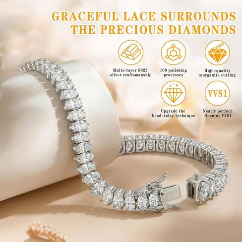 Moissanite Tennis Bracelet For Women, 7/7.5Ins Women's Tennis Bracelets,Marquise Cut D-Color VVS1 Platinum Plated Silver Bracelet,Hypoallergenic Bezel , Ice Crystal Sparkling,Exquisite Jewelry,with Gift Box,Ideal Gift for Wife/Her in Kuwait
