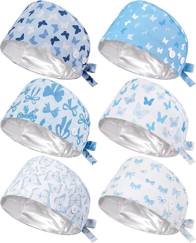 Jadive 6Pcs Satin Lined Working Hat Coquette Bow Scrub Cap Adjustable Pink Tie Back Bouffant Hat with Button for Doctor Nurse in Saudi Arabia