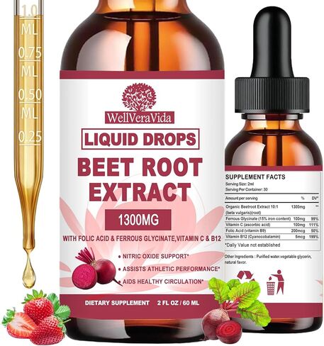 BeetRoot Supplement, Organic Beet Root Extract Drops W/Iron Folic Acid, Vitamin B12 & C for Nitric Oxide Production & Healthy Blood Pressure, Superior Liquid to Beet root Capsules or Powder丨Sugar Free in Saudi Arabia