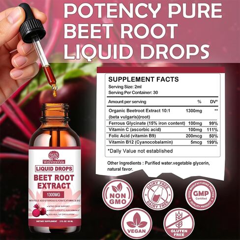 BeetRoot Supplement, Organic Beet Root Extract Drops W/Iron Folic Acid, Vitamin B12 & C for Nitric Oxide Production & Healthy Blood Pressure, Superior Liquid to Beet root Capsules or Powder丨Sugar Free in Saudi Arabia
