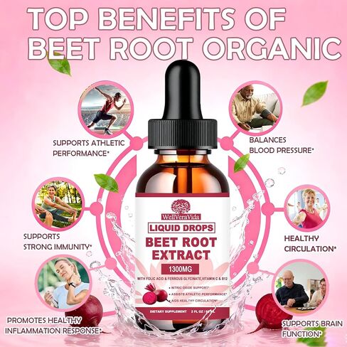 BeetRoot Supplement, Organic Beet Root Extract Drops W/Iron Folic Acid, Vitamin B12 & C for Nitric Oxide Production & Healthy Blood Pressure, Superior Liquid to Beet root Capsules or Powder丨Sugar Free in Saudi Arabia