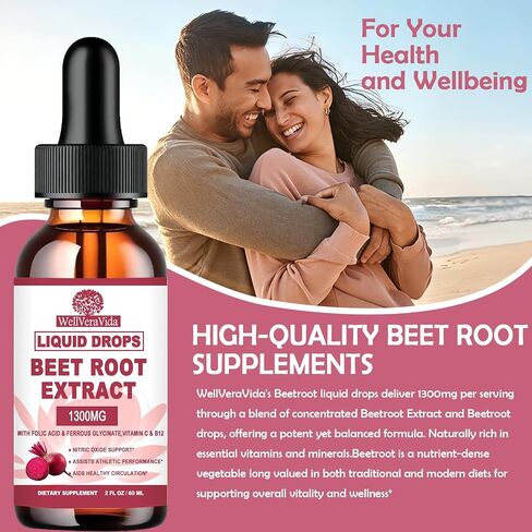 BeetRoot Supplement, Organic Beet Root Extract Drops W/Iron Folic Acid, Vitamin B12 & C for Nitric Oxide Production & Healthy Blood Pressure, Superior Liquid to Beet root Capsules or Powder丨Sugar Free in Saudi Arabia
