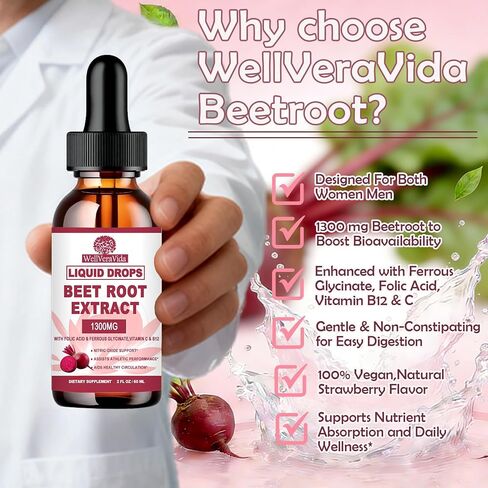 BeetRoot Supplement, Organic Beet Root Extract Drops W/Iron Folic Acid, Vitamin B12 & C for Nitric Oxide Production & Healthy Blood Pressure, Superior Liquid to Beet root Capsules or Powder丨Sugar Free in Saudi Arabia