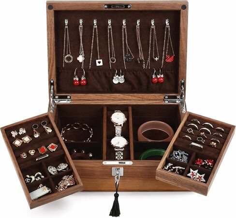 Black Walnut Jewelry Box with Privacy Lock Solid Wood Jewelry Organizer with Premium Velvet Lining Mid-Sized Keepsake Valet Box for Watches Rings Necklaces Cufflinks Unisex Gift for Men Women in Saudi Arabia