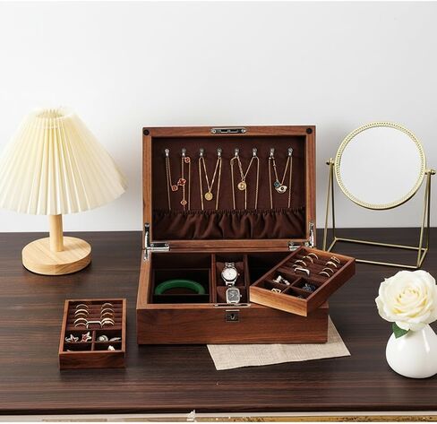 Black Walnut Jewelry Box with Privacy Lock Solid Wood Jewelry Organizer with Premium Velvet Lining Mid-Sized Keepsake Valet Box for Watches Rings Necklaces Cufflinks Unisex Gift for Men Women in Saudi Arabia