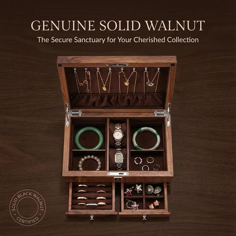 Black Walnut Jewelry Box with Privacy Lock Solid Wood Jewelry Organizer with Premium Velvet Lining Mid-Sized Keepsake Valet Box for Watches Rings Necklaces Cufflinks Unisex Gift for Men Women in Saudi Arabia