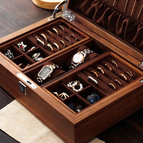 Black Walnut Jewelry Box with Privacy Lock Solid Wood Jewelry Organizer with Premium Velvet Lining Mid-Sized Keepsake Valet Box for Watches Rings Necklaces Cufflinks Unisex Gift for Men Women in Saudi Arabia