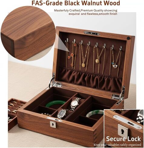 Black Walnut Jewelry Box with Privacy Lock Solid Wood Jewelry Organizer with Premium Velvet Lining Mid-Sized Keepsake Valet Box for Watches Rings Necklaces Cufflinks Unisex Gift for Men Women in Saudi Arabia