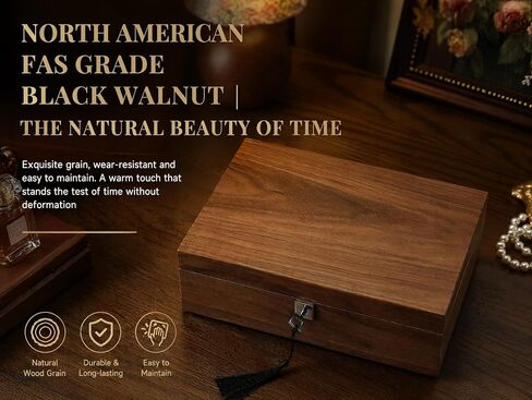 Black Walnut Jewelry Box with Privacy Lock Solid Wood Jewelry Organizer with Premium Velvet Lining Mid-Sized Keepsake Valet Box for Watches Rings Necklaces Cufflinks Unisex Gift for Men Women in Saudi Arabia