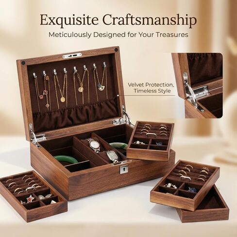 Black Walnut Jewelry Box with Privacy Lock Solid Wood Jewelry Organizer with Premium Velvet Lining Mid-Sized Keepsake Valet Box for Watches Rings Necklaces Cufflinks Unisex Gift for Men Women in Saudi Arabia