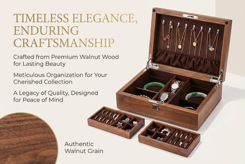 Black Walnut Jewelry Box with Privacy Lock Solid Wood Jewelry Organizer with Premium Velvet Lining Mid-Sized Keepsake Valet Box for Watches Rings Necklaces Cufflinks Unisex Gift for Men Women in Saudi Arabia