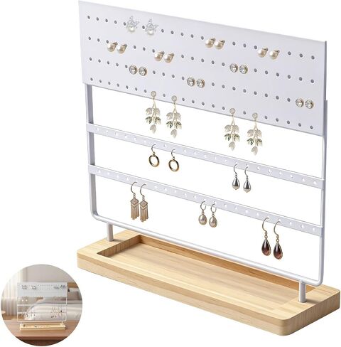 Earring Holder Organizer Stand, 144 Holes 4-Tier Jewelry Display Stand with Detachable Wooden Base, Metal Storage Rack for Earrings Rings Studs Bracelets, Home and Retail Store Display (White) in Saudi Arabia