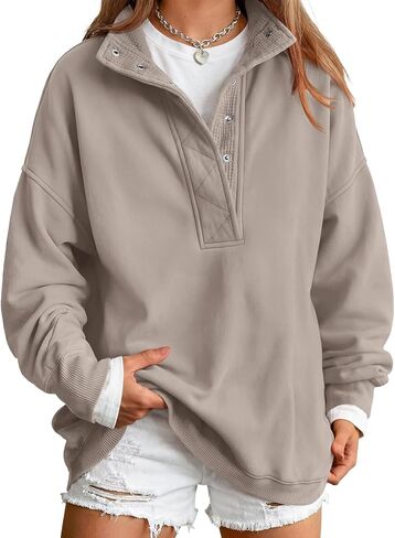 Trendy Queen Women's Oversized Sweatshirts - Lightweight Snap Button Henley Neck Cozy Pullover Casual Tops in Kuwait