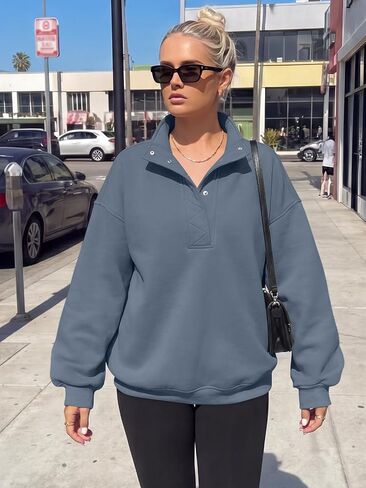 Trendy Queen Women's Oversized Sweatshirts - Lightweight Snap Button Henley Neck Cozy Pullover Casual Tops in Kuwait
