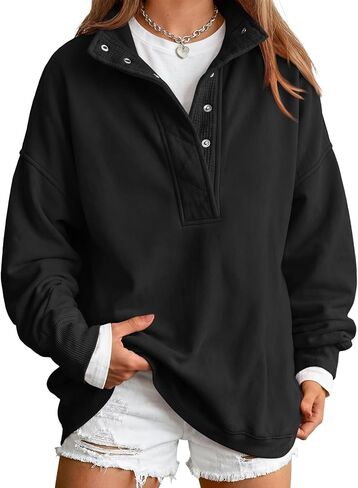 Trendy Queen Women's Oversized Sweatshirts - Lightweight Snap Button Henley Neck Cozy Pullover Casual Tops in Kuwait