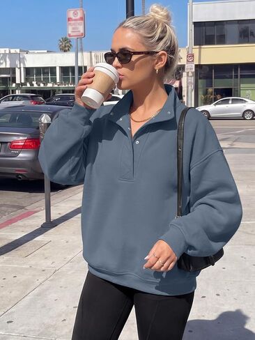 Trendy Queen Women's Oversized Sweatshirts - Lightweight Snap Button Henley Neck Cozy Pullover Casual Tops in Kuwait