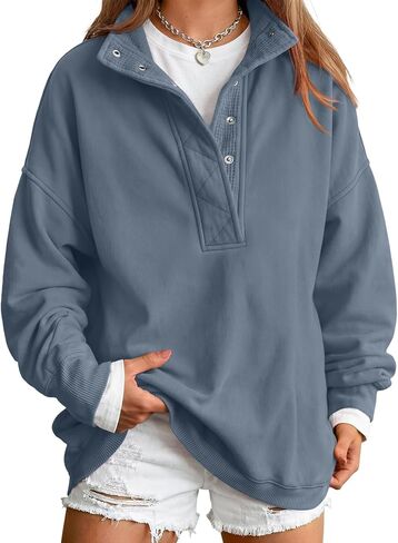 Trendy Queen Women's Oversized Sweatshirts - Lightweight Snap Button Henley Neck Cozy Pullover Casual Tops in Kuwait