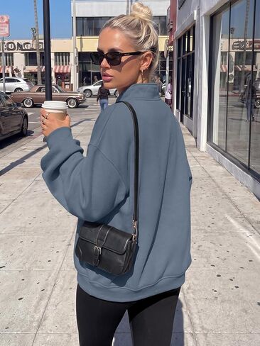 Trendy Queen Women's Oversized Sweatshirts - Lightweight Snap Button Henley Neck Cozy Pullover Casual Tops in Kuwait