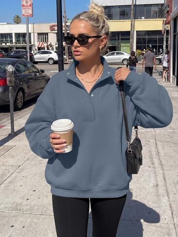 Trendy Queen Women's Oversized Sweatshirts - Lightweight Snap Button Henley Neck Cozy Pullover Casual Tops in Kuwait